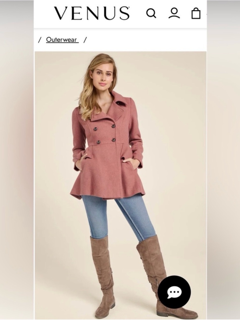 VENUS Rose Pink Double-Breasted Peplum Pea Coat. Size Small